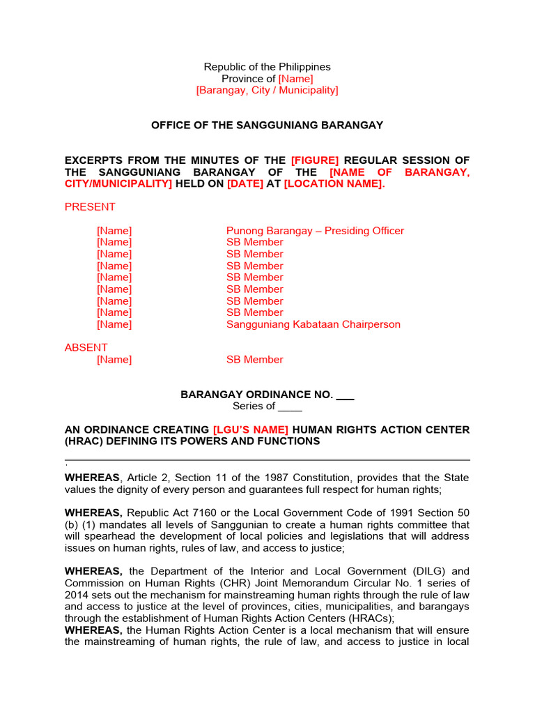 Annex C. Model Barangay HRAC Ordinance | PDF | Human Rights | Governance