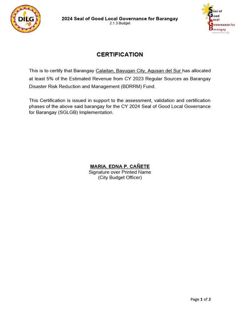 2.1.3 Certification (5% BDRRM) | PDF