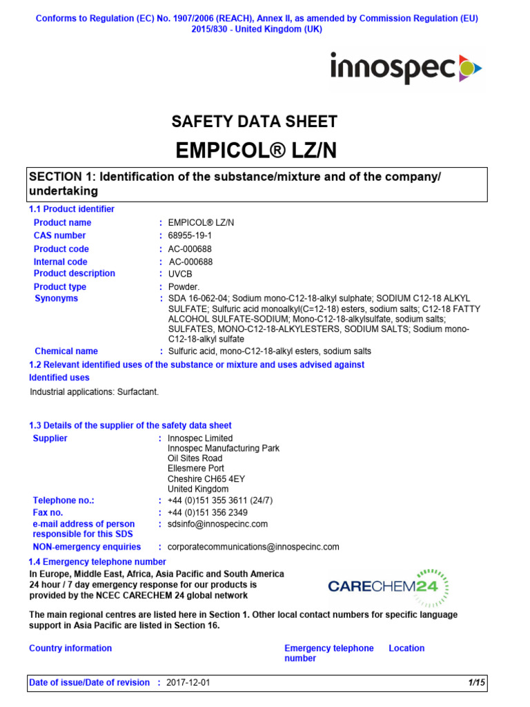 Empicol LZN SDS PDF | PDF | Waste | Firefighter