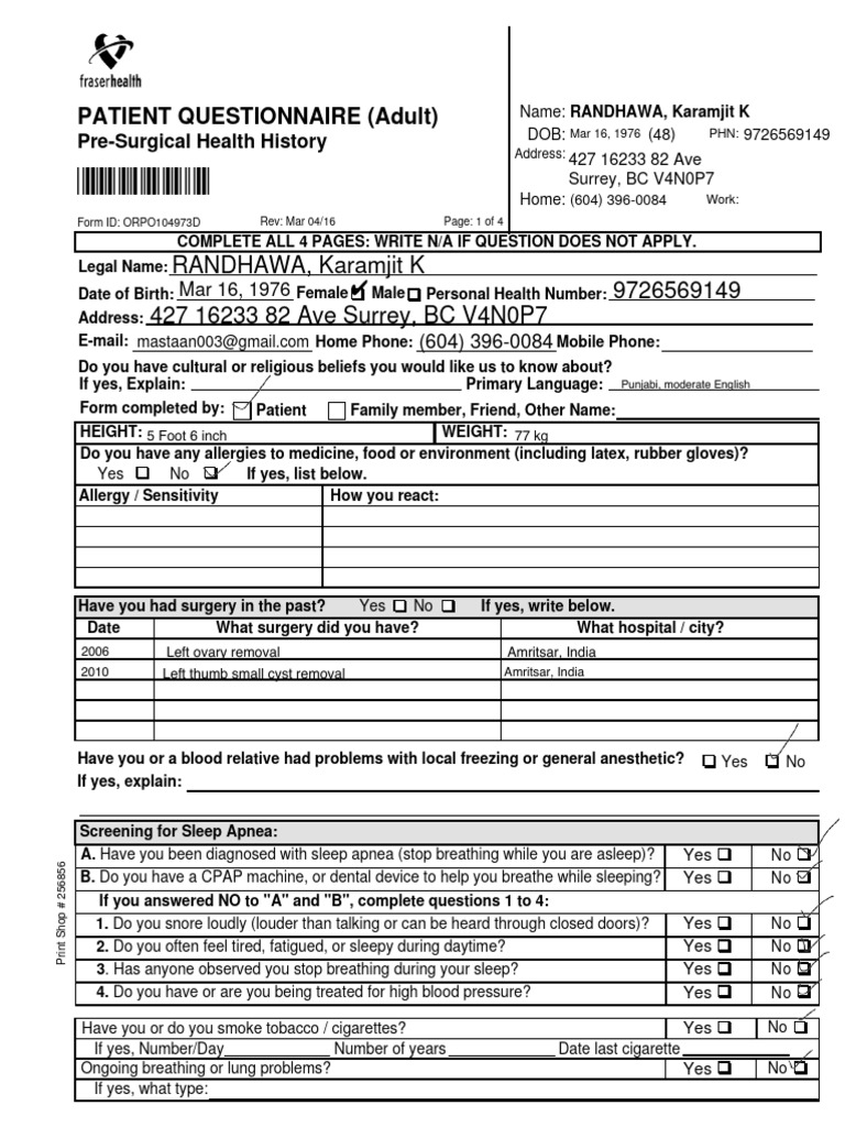 Adult Pre-Surgical Health Questionnaire | PDF | Heart | Body Mass Index