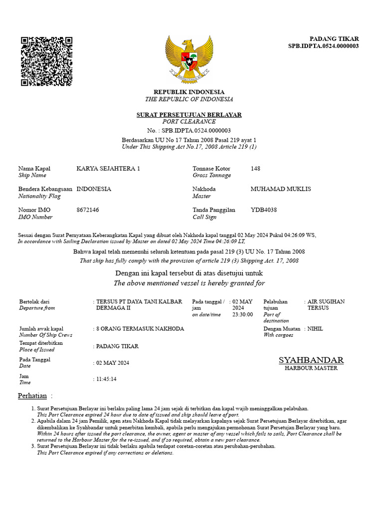 Surat Persetujuan Berlayar Karya Sejahtera 1 | PDF