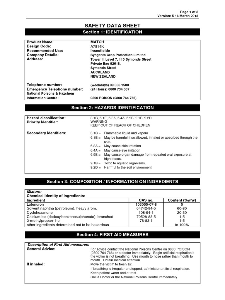MATCH Insecticide Safety Data Sheet | PDF | Dangerous Goods | Toxicity
