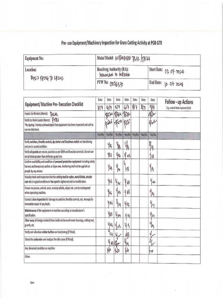 Machinery Inspection For PTW 0006371 | PDF