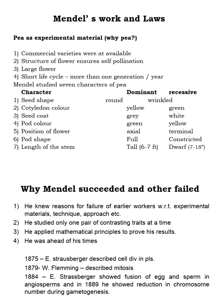 Mendel S Work And Laws Pdf Zygosity Dominance Genetics