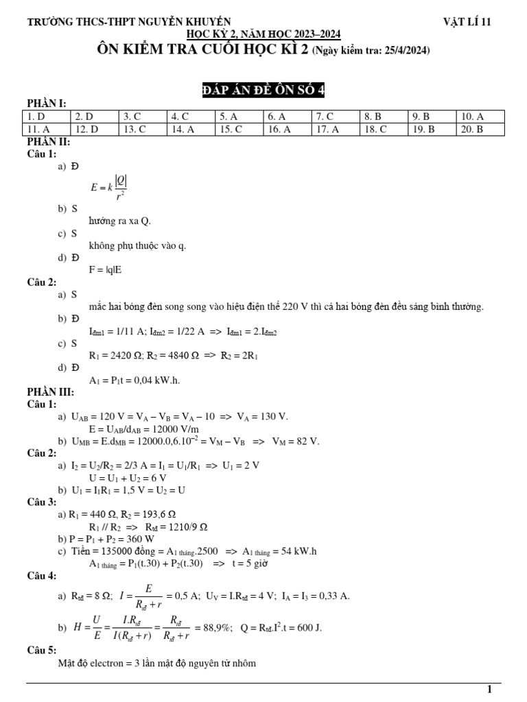 2023 2024 VL11 On KT Cuoi HK 2 Dap An de 4 5 6 | PDF