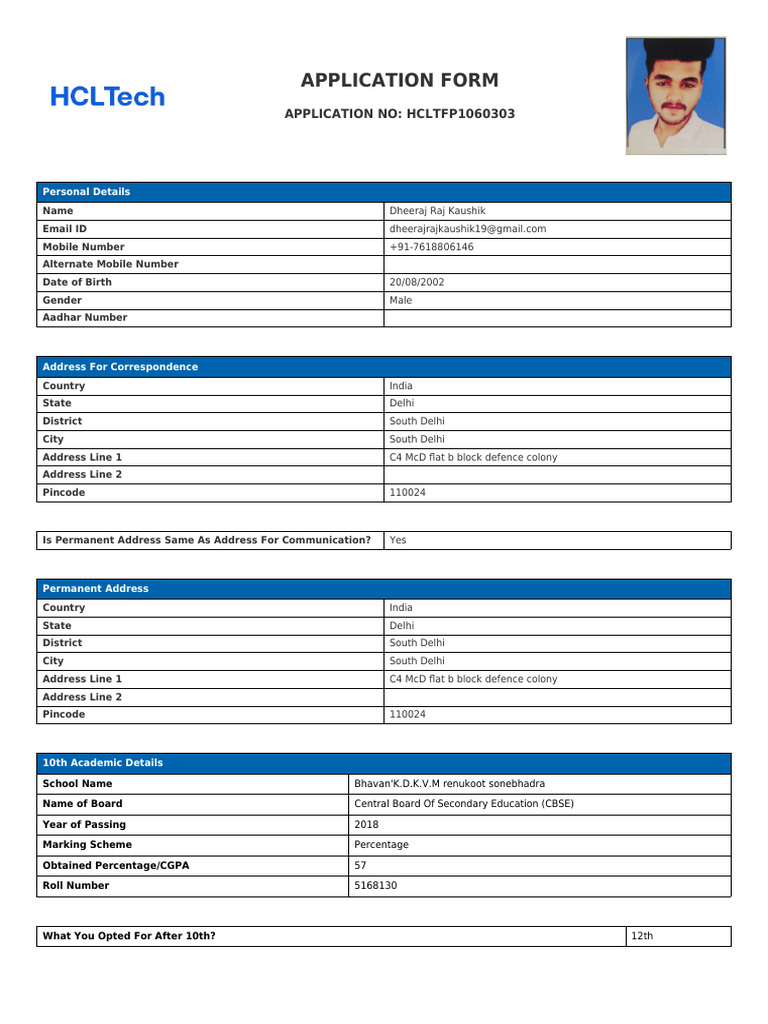 Application Form HCLTFP1060303 | PDF | Career & Growth