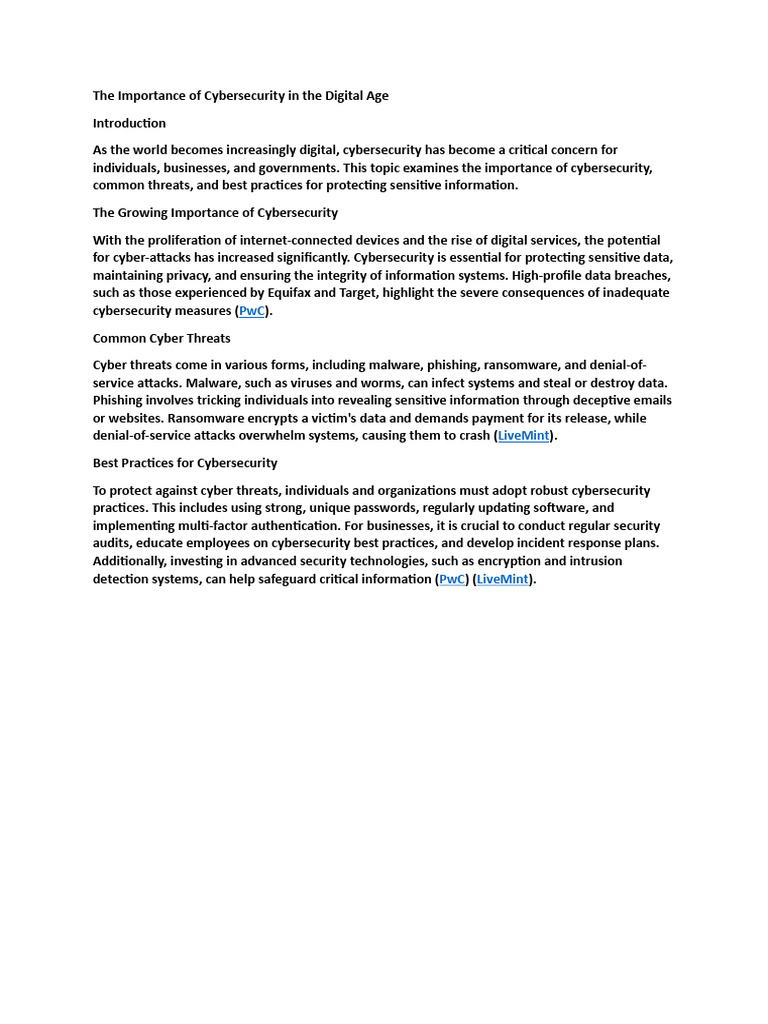 The Importance of Cybersecurity in The Digital Age | PDF