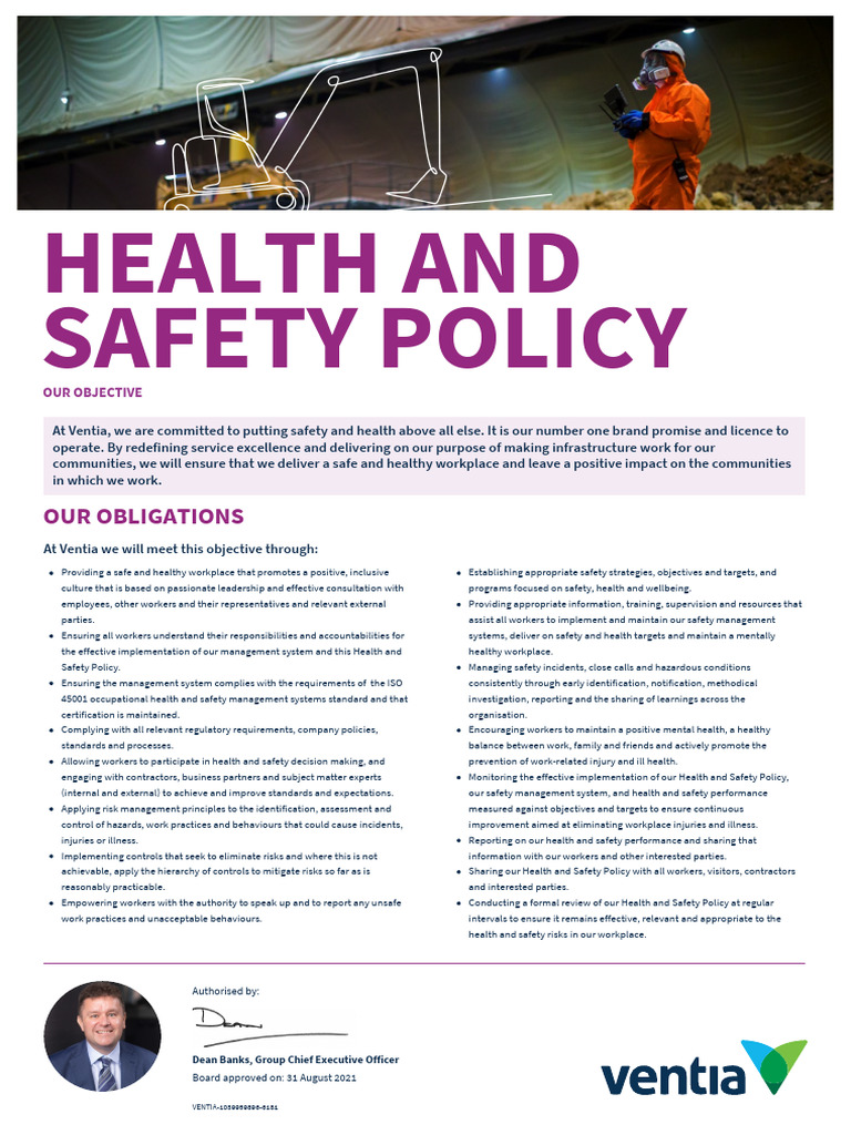Ventia Health and Safety Policy Overview | PDF | Occupational Safety ...