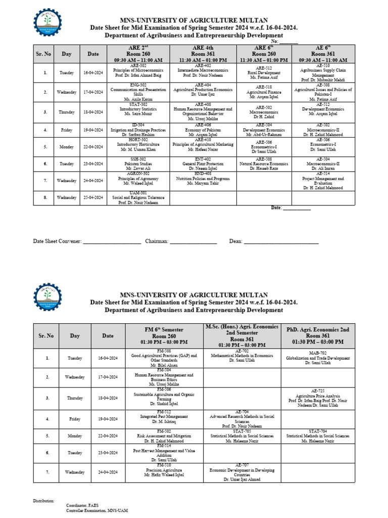 Tentative Date Sheet For Mid Term Examination of Spring Semester 2024 ...