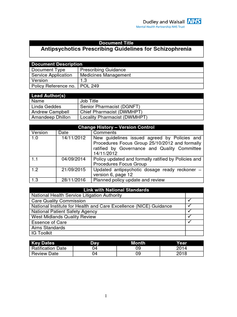 Antipsychotic prescribing guidelines for schizophrenia updated table