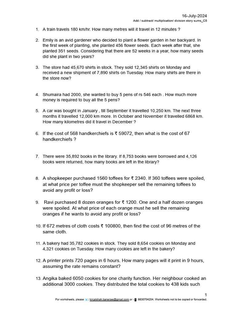 Math Story Sums for Grade 5 | PDF | Elementary Mathematics | Arithmetic