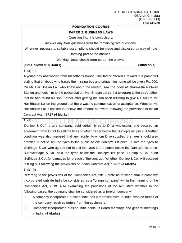 Test 1 Ca Foundation Business Laws Pdf Guarantee Arbitration