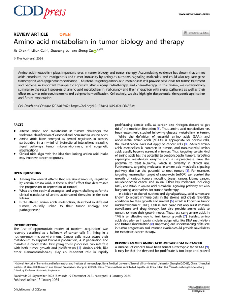 Amino Acid Metabolism in Tumor Biology and Therapy: Review Article ...