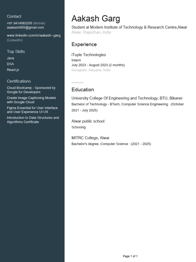 Aakash Garg's Tech Profile & Skills | PDF