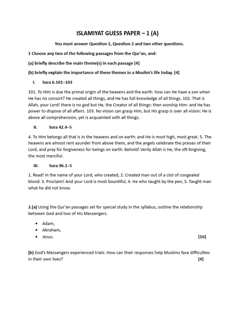 Islamiat Guess Paper for 1st Year | PDF | Prophets And Messengers In ...
