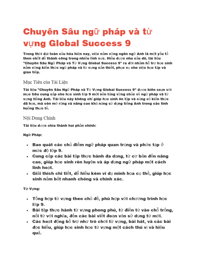 Chuyên Sâu Ngữ Pháp Và Từ Vựng Global Success 9 | PDF