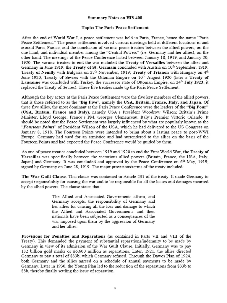 On The Paris Peace Settlement and Treaty of Versailles - 062154 | PDF ...