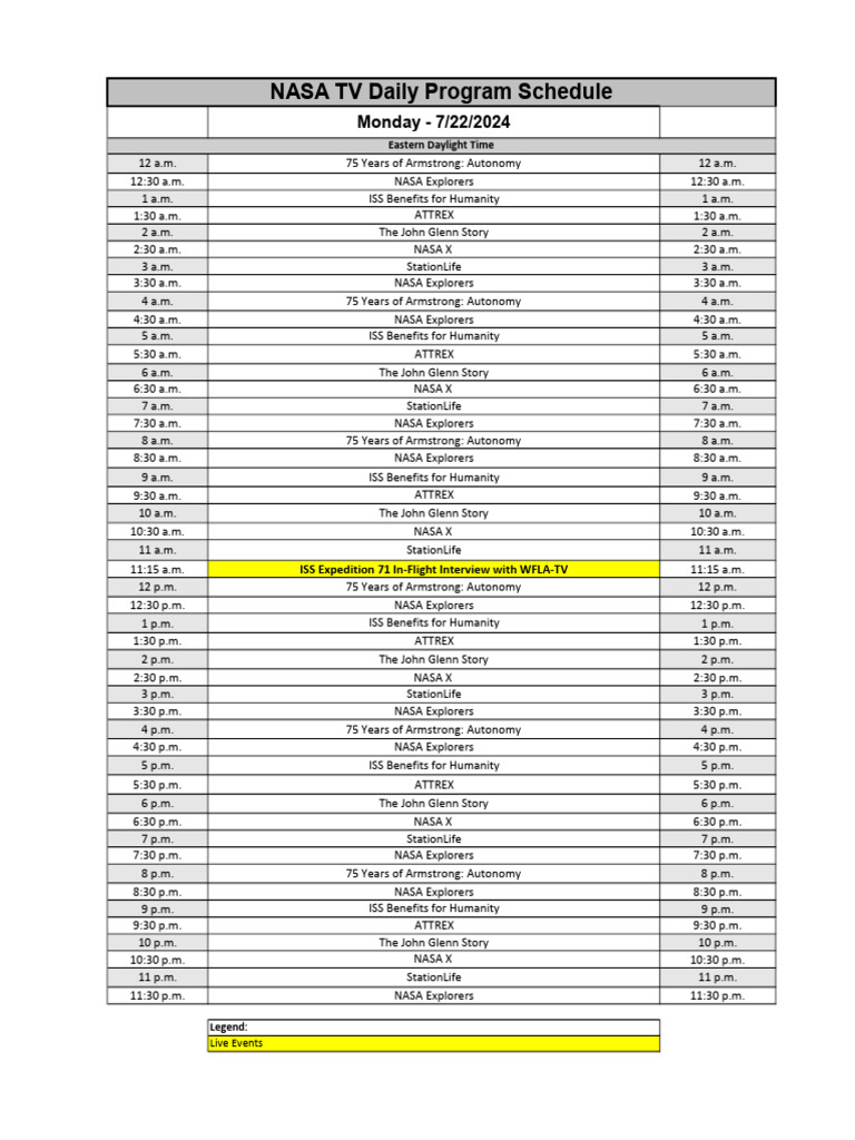 NASA TV Daily Program Schedule 2024 | PDF | Nasa | Space Shuttle Program