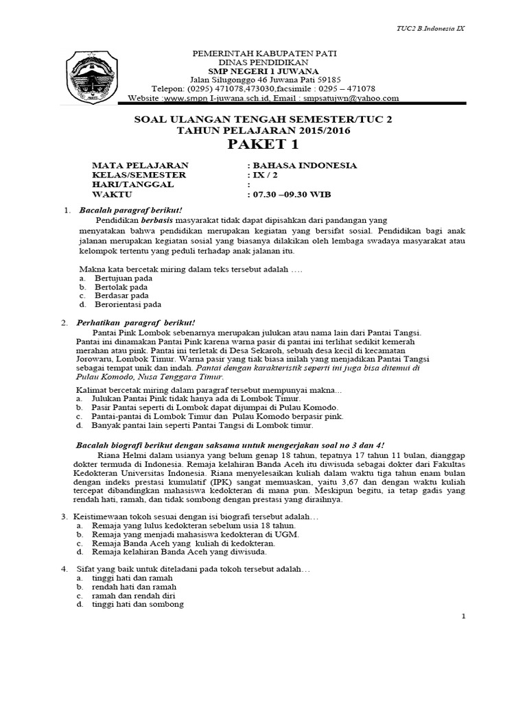 Soal UTS Bahasa Indonesia Kelas IX | PDF
