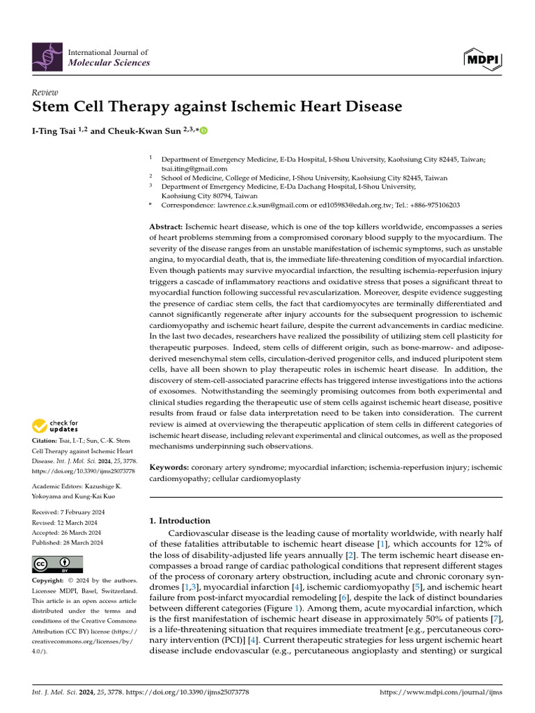 Stem Cell Therapy Against Ischemic Heart Disease | PDF | Myocardial ...