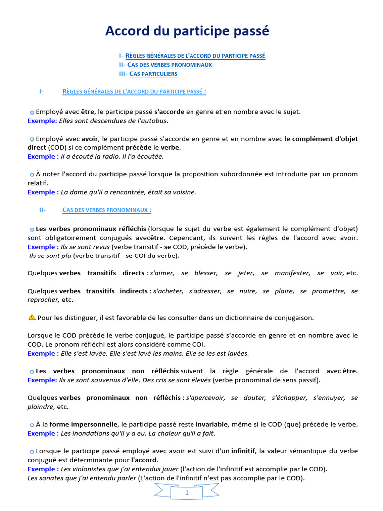 Accord du participe passé : règles et cas | PDF | Verbe | Mécanique du ...