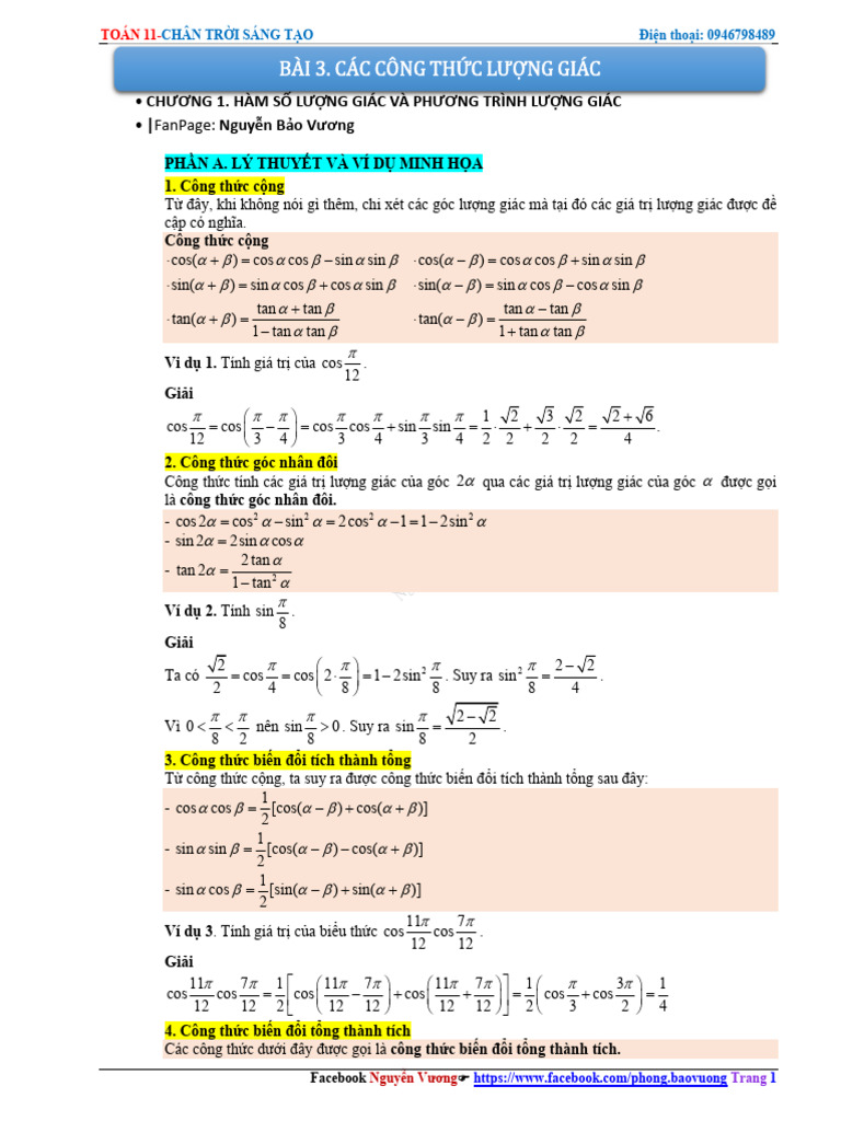 Bài 3. Các Công TH C Lư NG Giác - CH | PDF