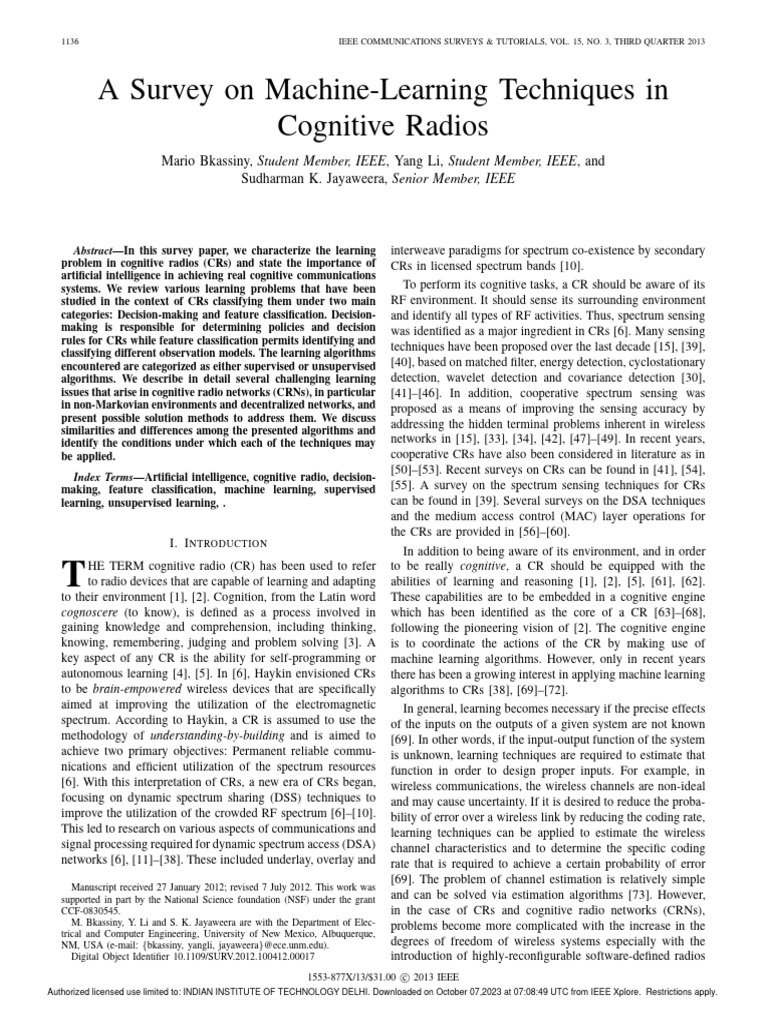 A survey on machine learning techniques in cognitive radios pdf