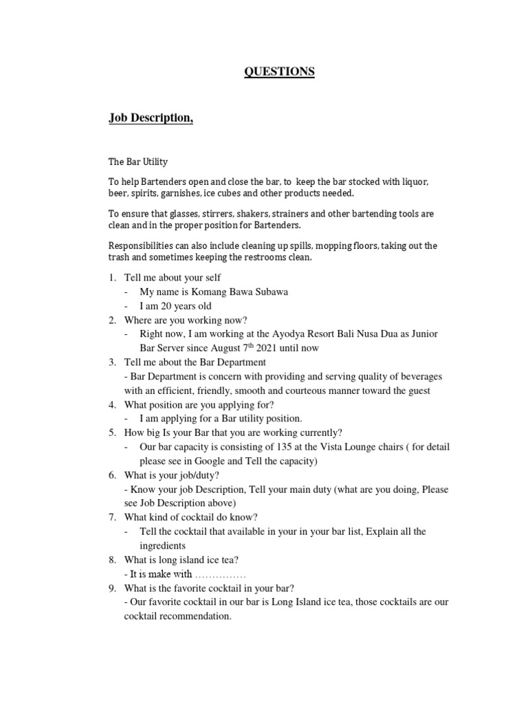 Bar Questionary | PDF | Bartender | Cocktails