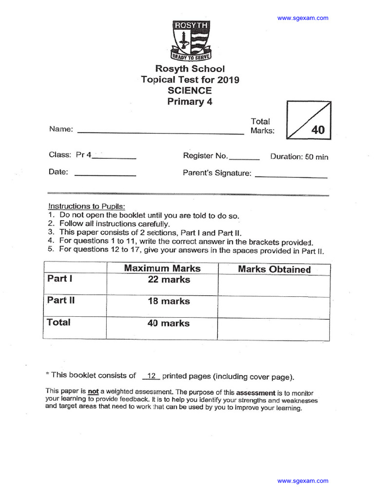 2019 P4 Science CA1 Rosyth | PDF