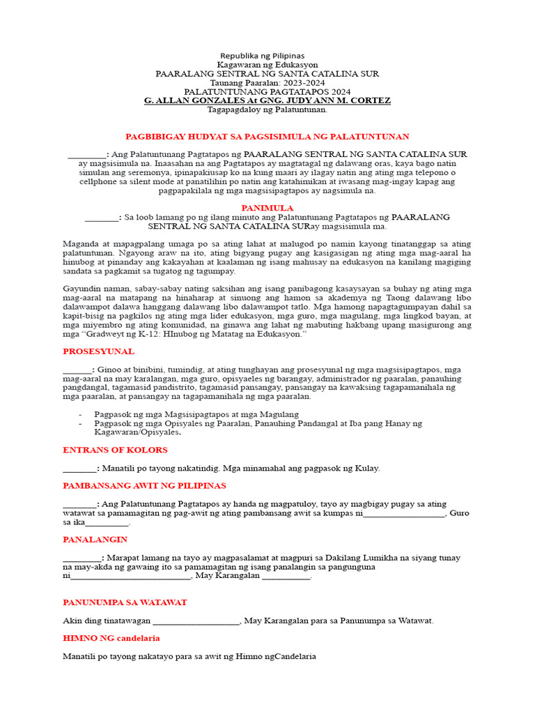 Graduation Script Tagalog | PDF