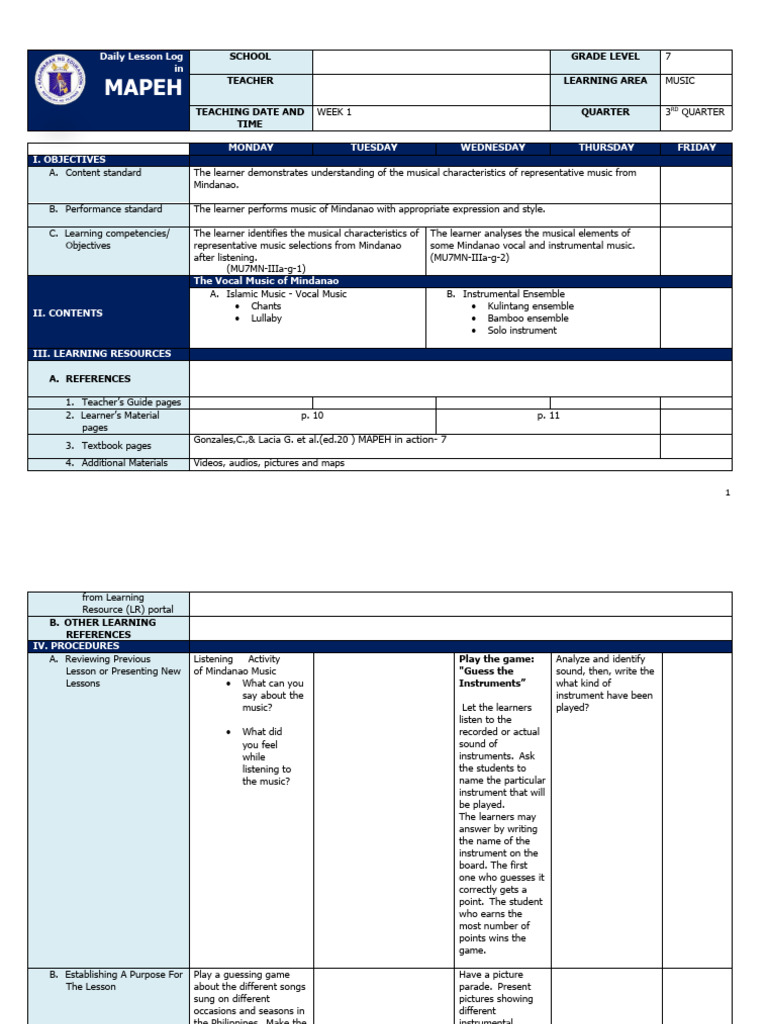 Mindanao Music Lesson Plan for Grade 7 | PDF | Learning | Mindanao