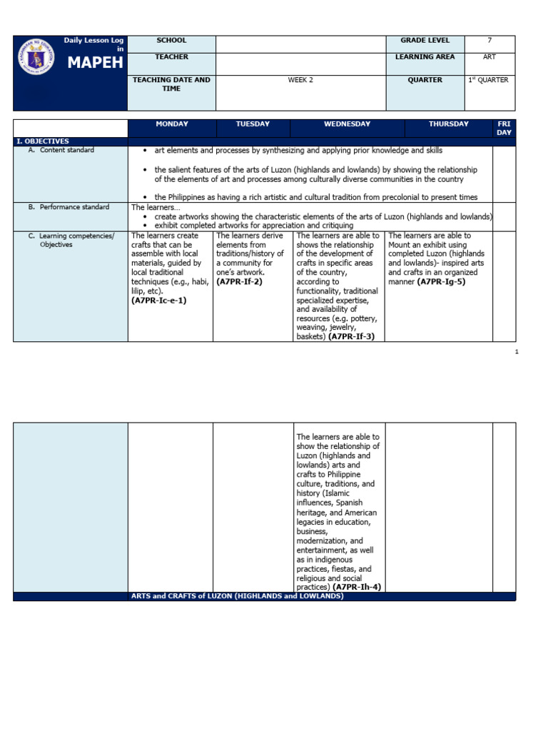 Q1 Grade 7 ARTS DLL Week 2 | PDF | Traditions | Learning