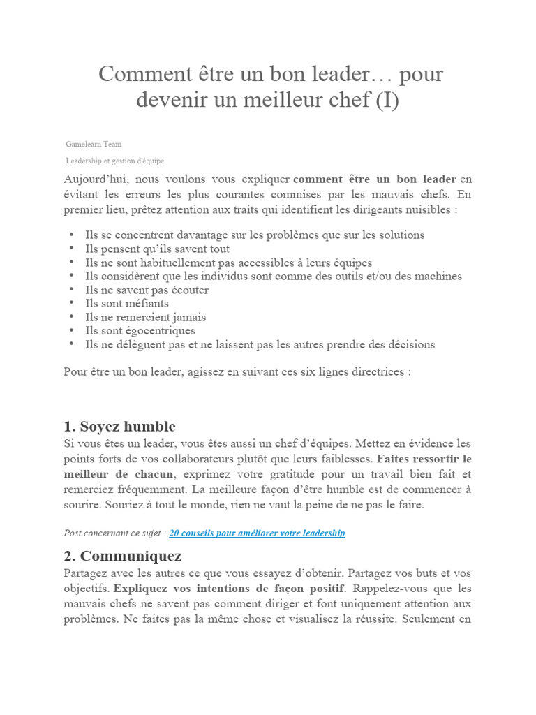 Devenir un bon leader et chef d'équipe | PDF | Direction
