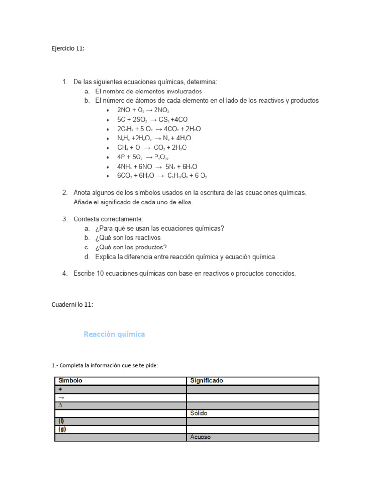 Ejercicio 11 y cuadernillo 11 pdf qu mica reacciones qu micas