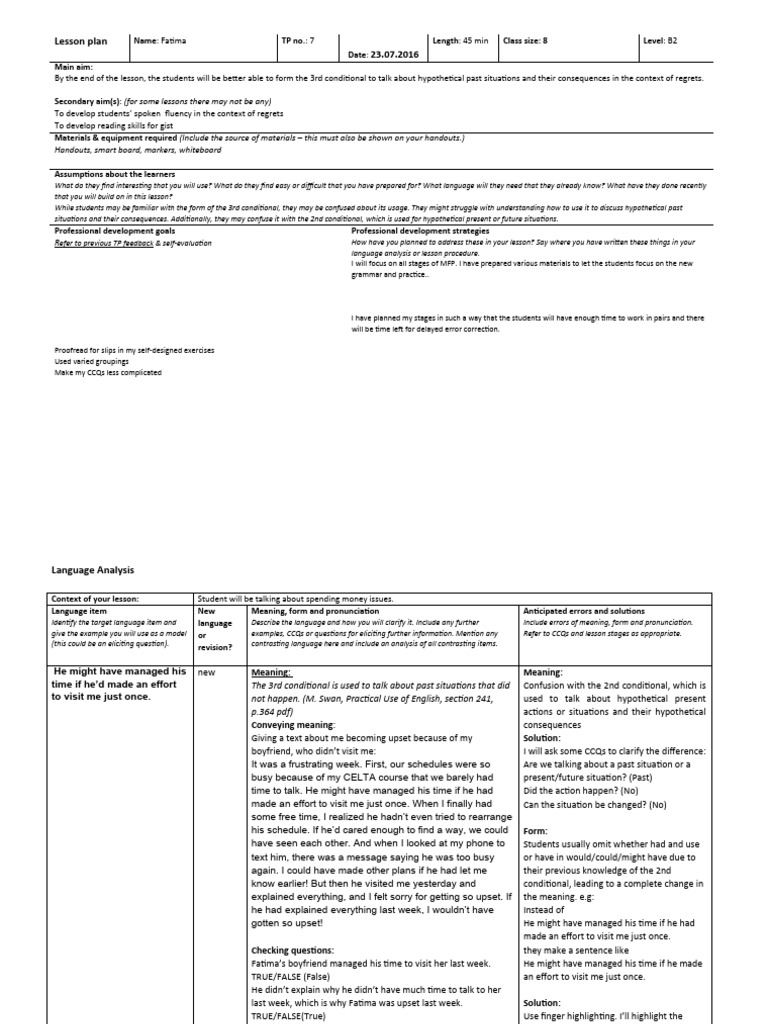 B2 Lesson Plan: 3rd Conditional | PDF | Lesson Plan | Learning