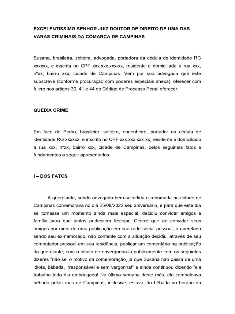 Queixa Crime por Injúria e Difamação | PDF | Difamação | Direito Penal