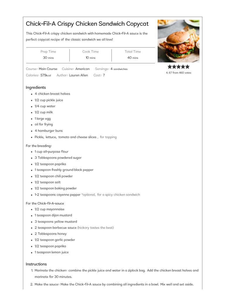 Copycat Chick-Fil-A Chicken Sandwich Recipe | PDF - Scribd