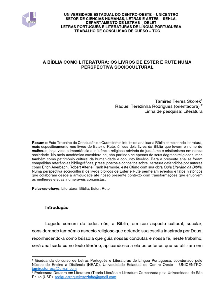 Literatura e Mulheres na Bíblia: Ester e Rute | PDF | Livro de Ruth ...
