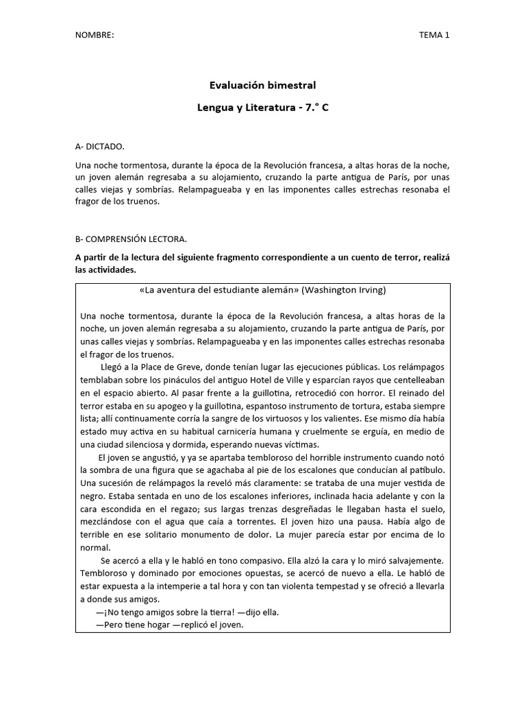 Evaluación Bimestral Lengua y Literatura - 7C - Tema 1 | PDF