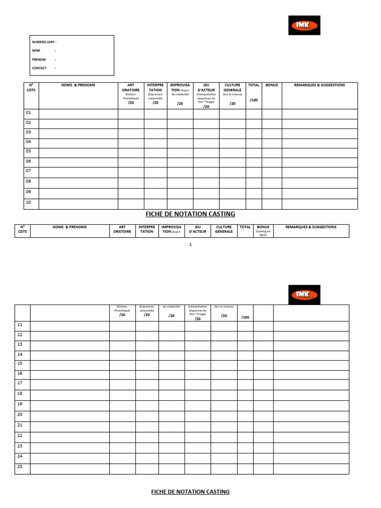 Fiche de Notation pour Casting | PDF