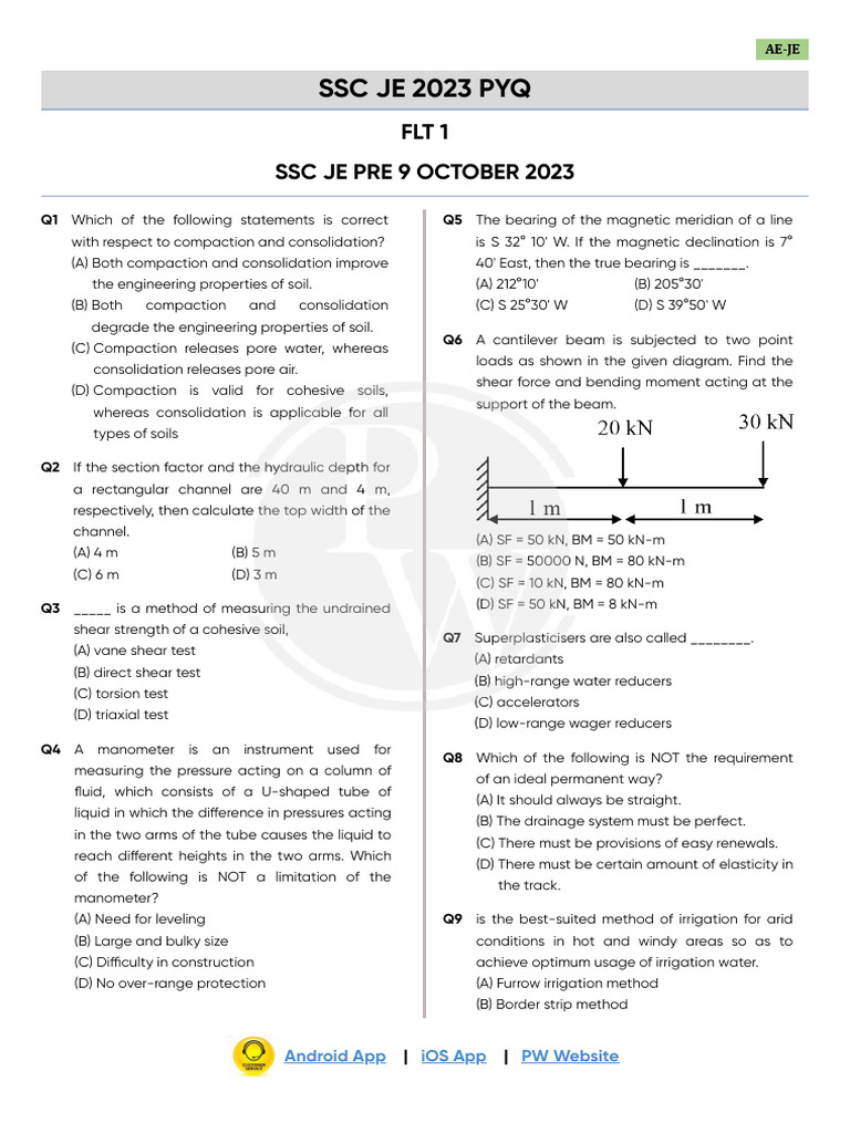 SSC Je (Civil Engineering) Pre 9 October 2023 | PDF | Bending | Concrete