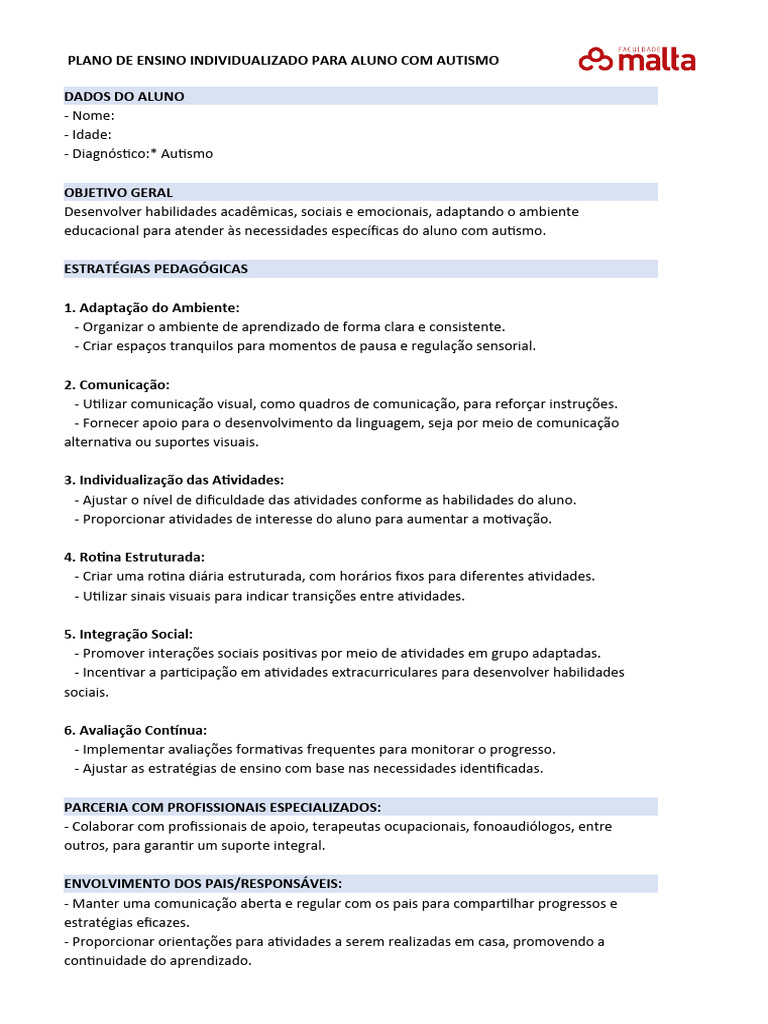 Plano de Ensino Individualizado para Autismo | PDF