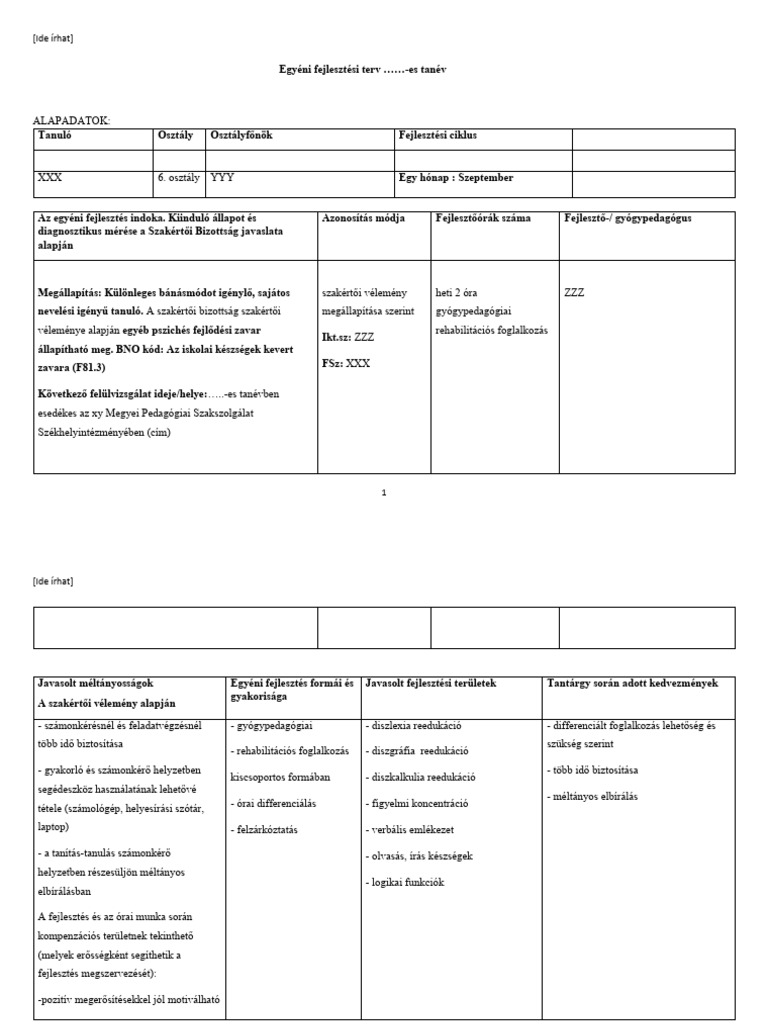 Egyéni Fejlesztési Terv Minta Hallgatóknak | PDF