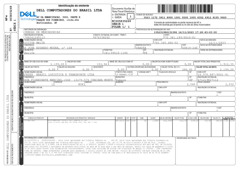 Dell Computadores Do Brasil Ltda: 1 Nº005835269 Série 1 | PDF | Recibo ...