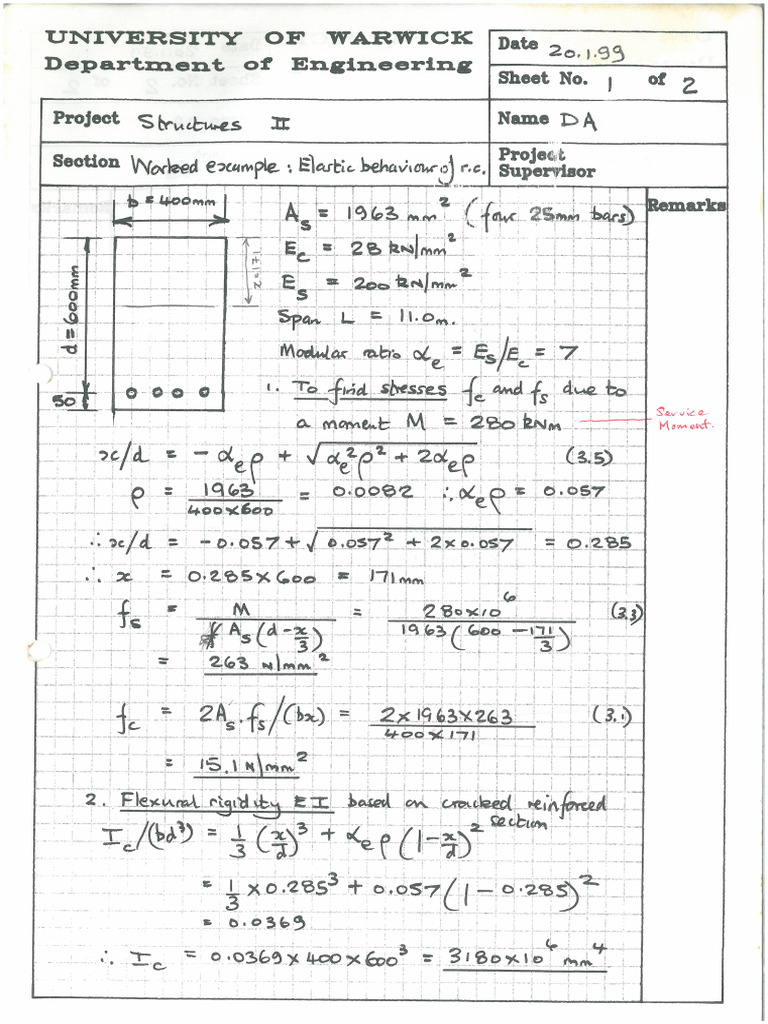 10 Structures II Worked Example Elastic Behaviour of RC | PDF