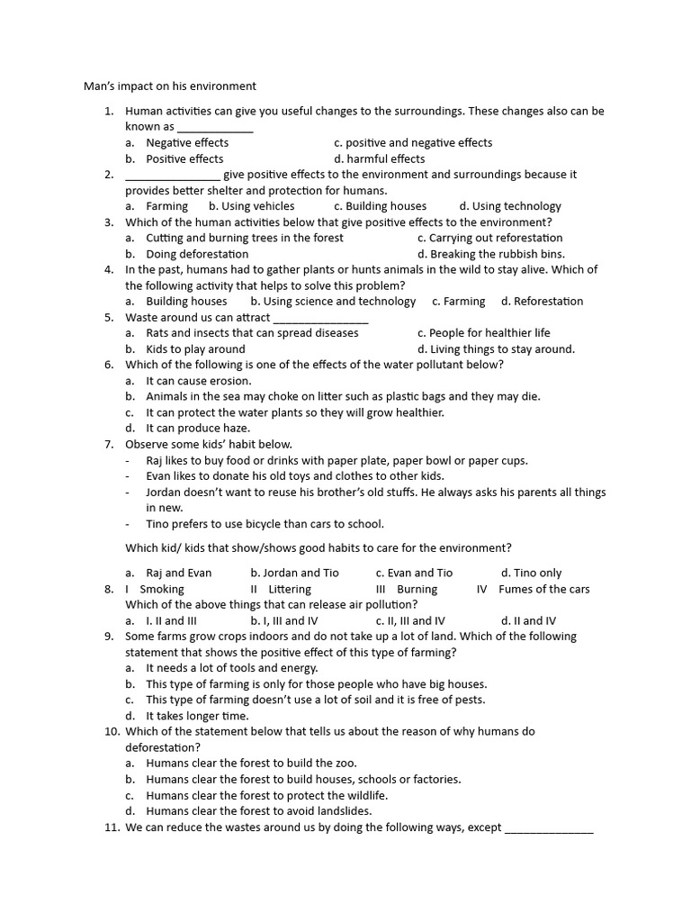Human Impact on the Environment Quiz | PDF | Pollution | Human Impact ...