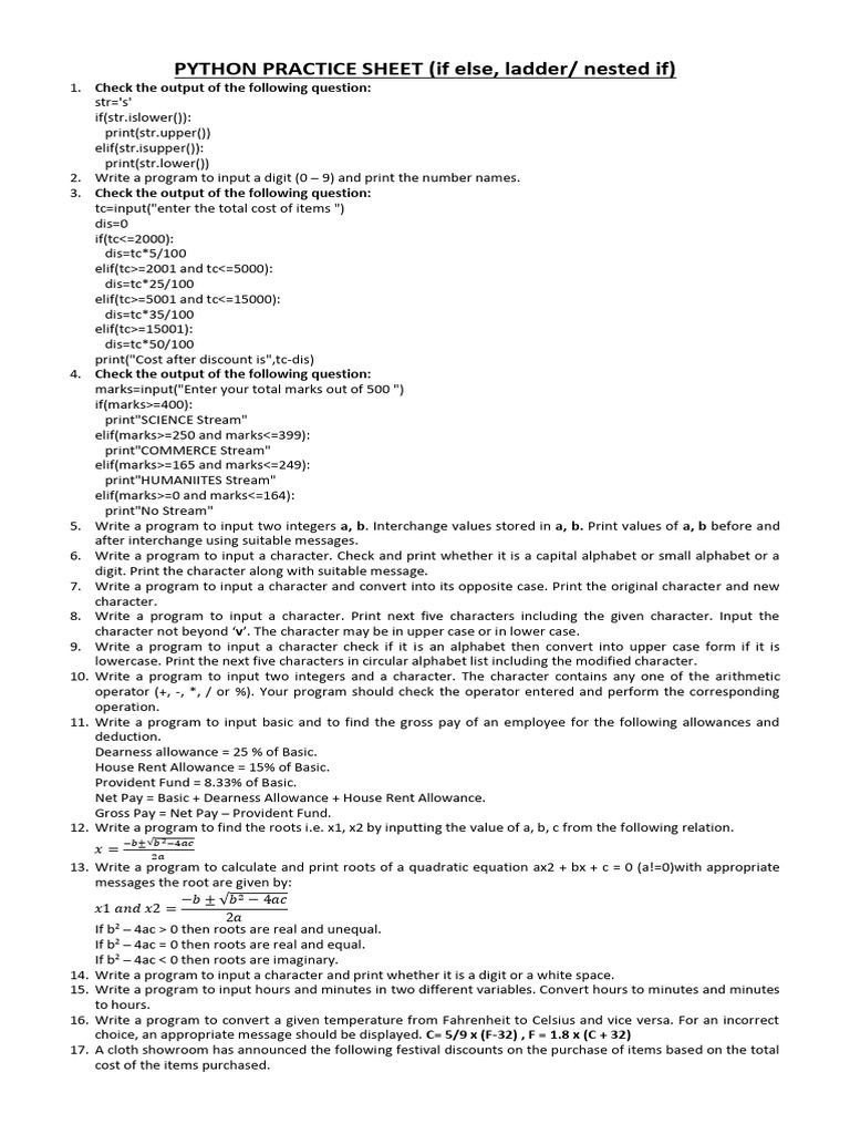 PYTHON PRACTICE SHEET (If Else, Elif) | PDF | Computer Programming image.