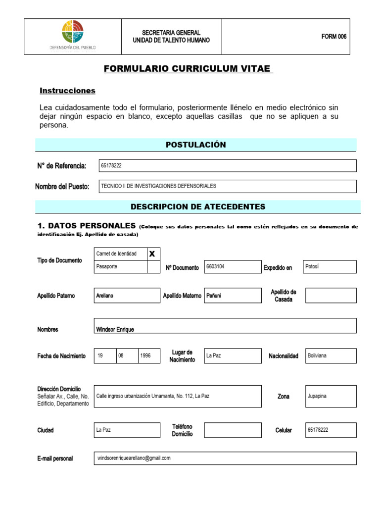 Formulario Curriculum Vitae | PDF