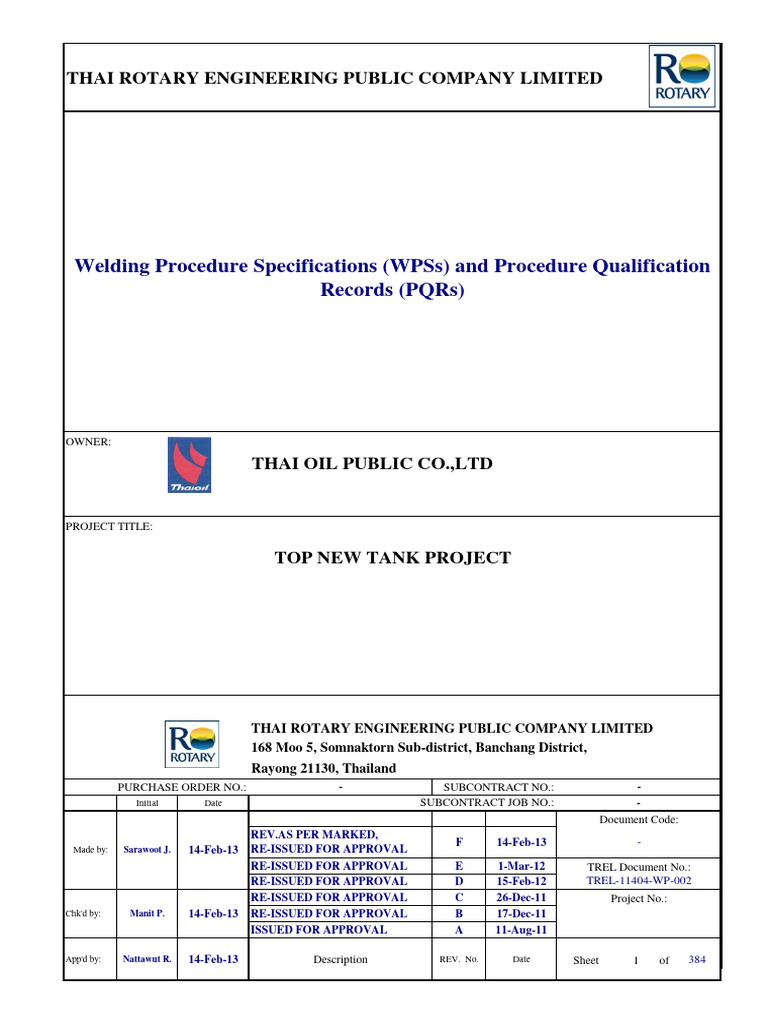 Welding Procedure Specifications for Thai Oil | PDF | Welding ...