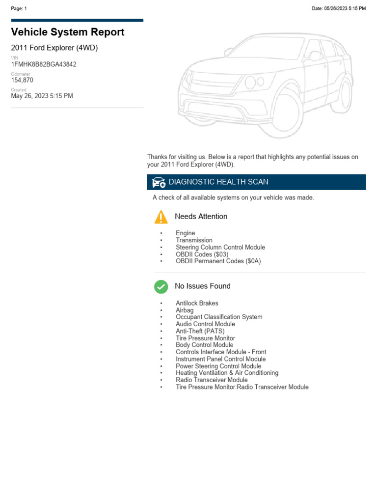 2011 Ford Explorer Diagnostic Report | PDF | Four Wheel Drive | Vehicles